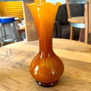 MCM 6” vase.  warm butterscotch dark to light.  Ruffled edge. Blown glass